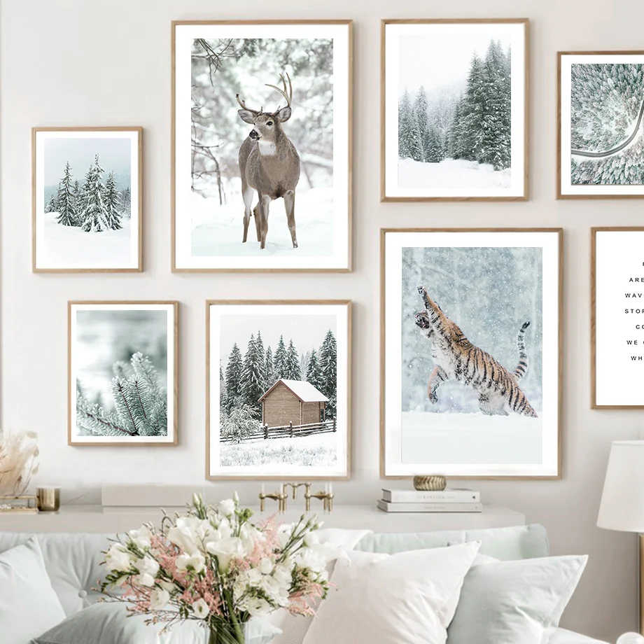 

Зимний снег сосна Лес Тигр олень дорога искусственная Картина на холсте скандинавские постеры и принты настенные картины декор для гостиной