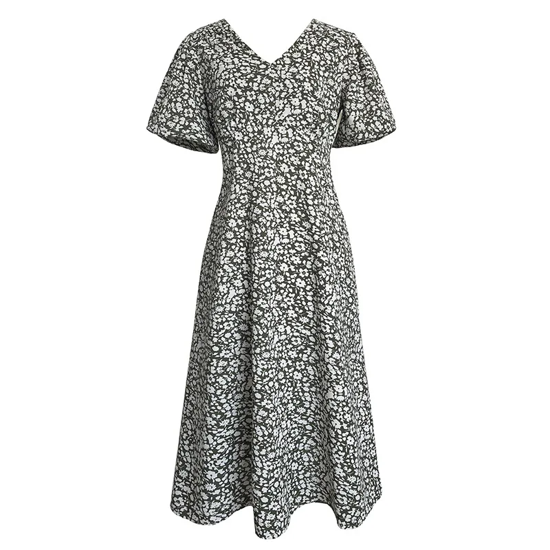 

FOLOBE 2021 New Spring Summer Print Dresses Women V-neck Puff Sleeve A-line Sweet Dresses Female vestido feminino