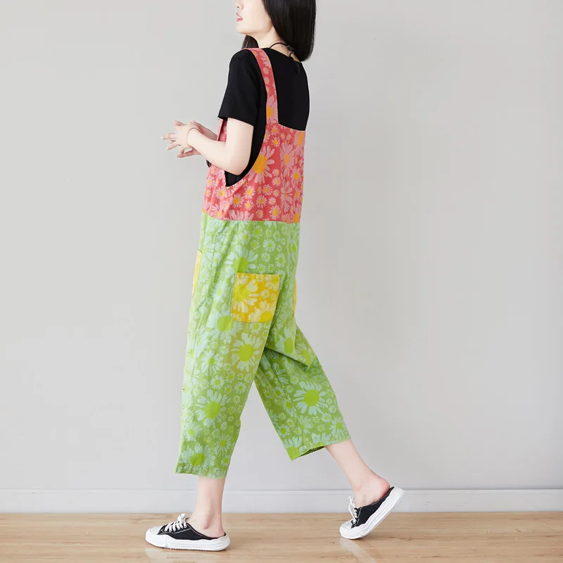 

Floral Print Summer Denim Pants Loose Plus Size Jumpsuit Pants Pockets Contrast Color High Waist Overalls Mom Jeans
