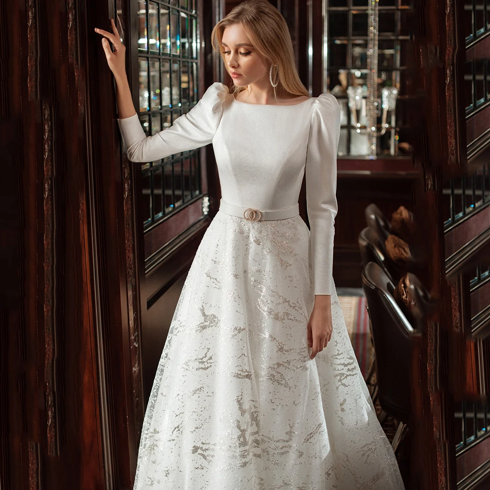 

Luxury A-Line Wedding Dress Boho 2021 Long Sleeve Satin Vestidos De Novia Botton BackSweep Train White Dress Bridal Gowns