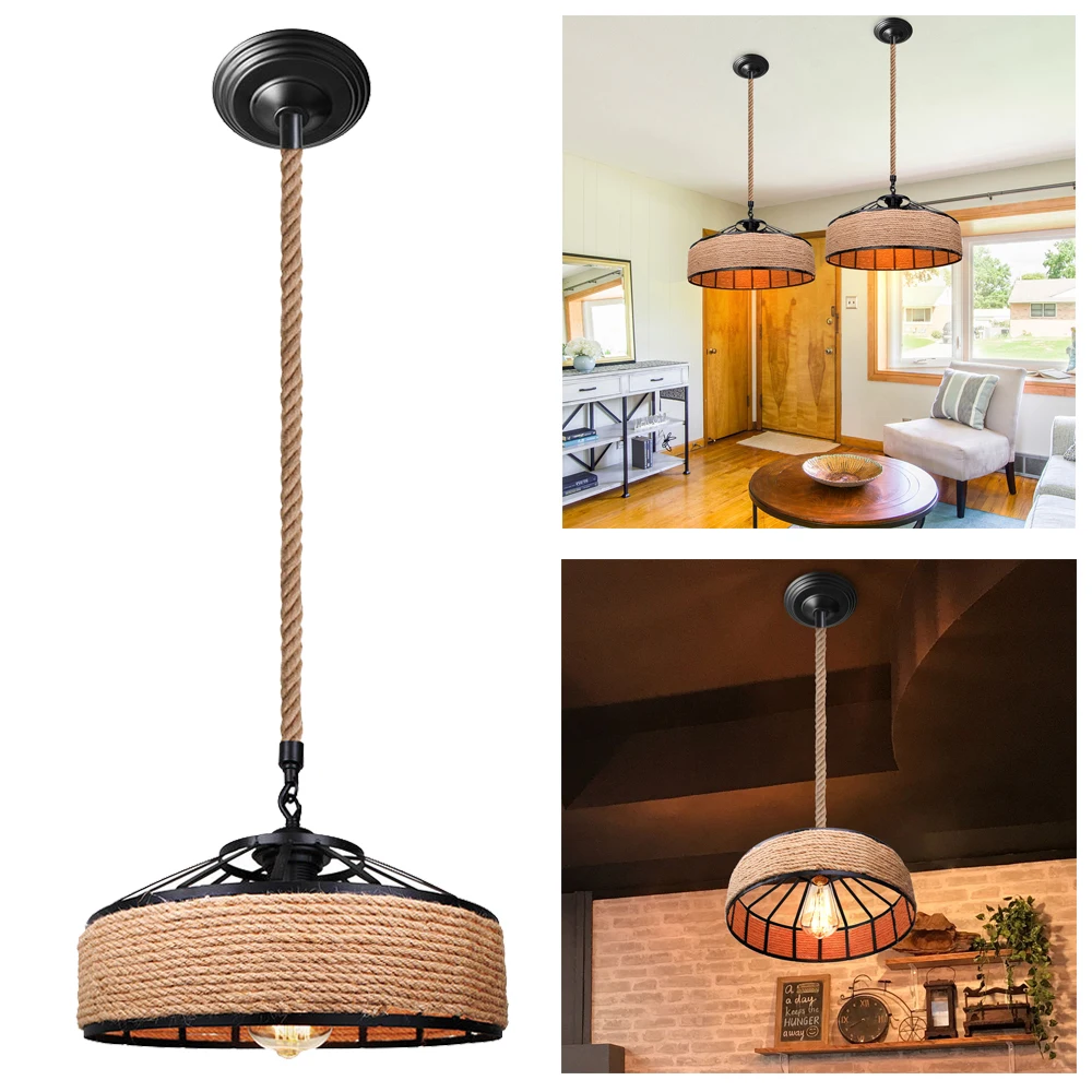 E27 Hemp Rope Hanging Lamp Vintage Loft Pendant Light Retro Antique Industrial Bar Home Living Room Kitchen Lampshade Decorative