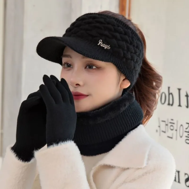 

Winter hat for women Fashion casual rabbit fur empty top hat warm Beanies hat bib gloves three-piece Wool Hat