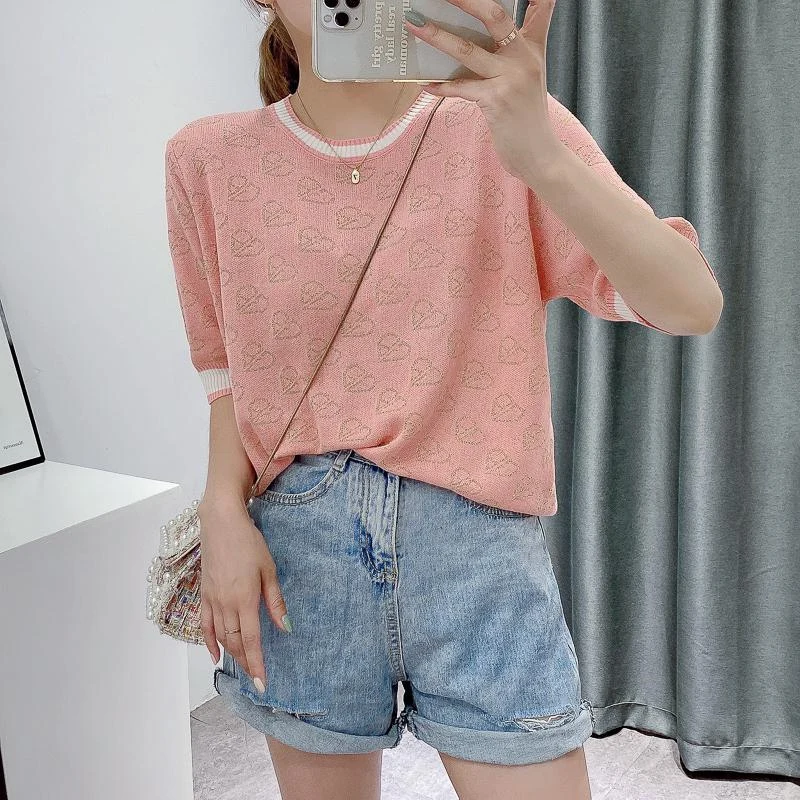 

2021 Sale 20673 (room 5, Row 2, Lower No. 3) Non Real Net Red Picture Round Neck Love Short Sleeve Knitted T-shirt 29