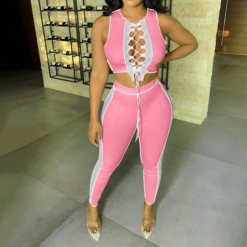 

Sexy Hollow Out Stretch Two Piece Sets Women 2021summer Sleeveless Bandage Crop Top & Elastic Waist Pants Suits Female Tracksuit