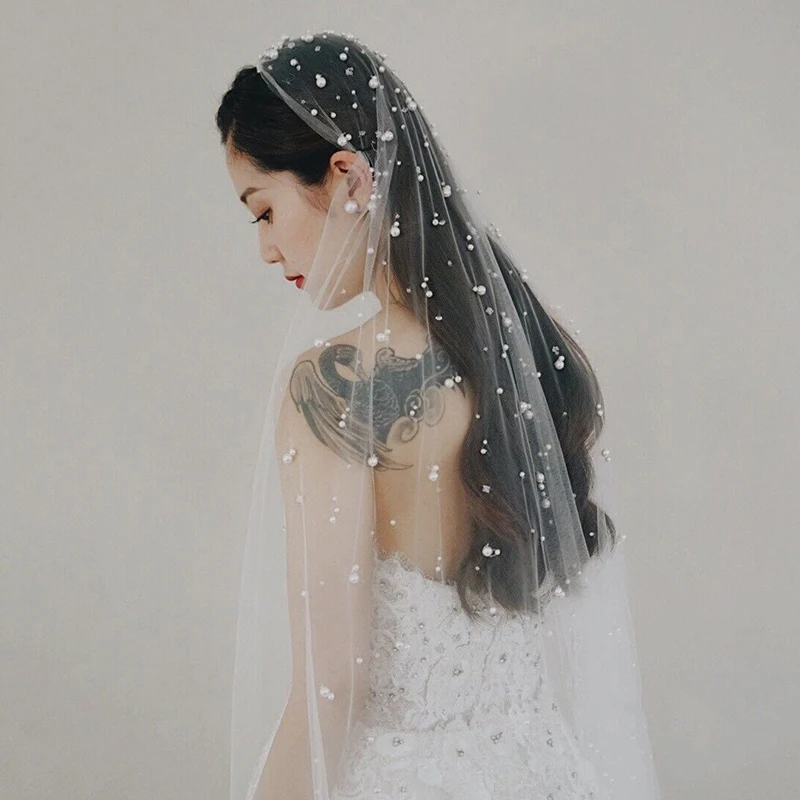 Белая мягкая фатиновая вуаль Bridla один слой искусственный жемчуг 100 см принцесса