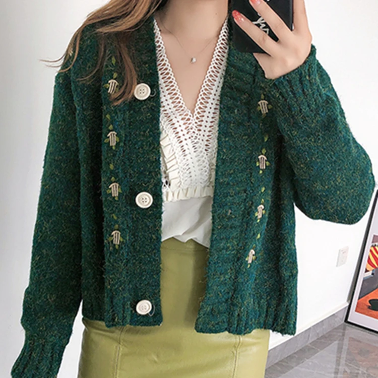 

2020 Casual Autumn Winter Solid Open Stitch Single Breasted Sweater Slim Button V Neck Floral Women Sweaters