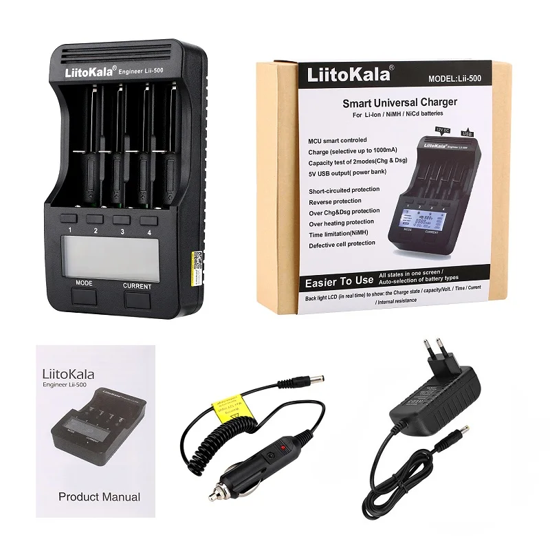 

Зарядное устройство LiitoKala Lii500 LCD, для зарядки батарей 3,7 В/1,2 В, 18650, 26650, 16340, 14500, 10440, 18500, с дисплеем, + адаптер для Lii500 12 В, 2 А/5 В, 1 А