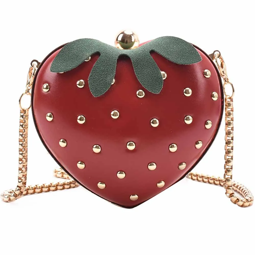 

Women Brand Strawberry Crossbody Bag Heart Shaped Chain Shoulder Bags For Female Ladies Luxury Design Rivet Handbag High Quality