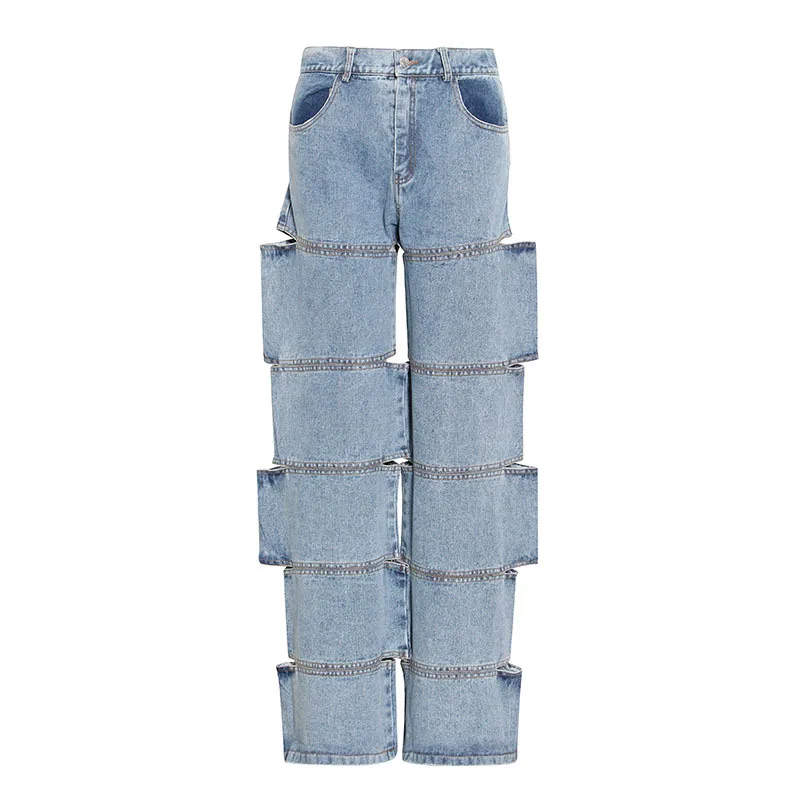

Personality Street Chic High Waist Denim Pants Women Retro Cutout Design Jeans