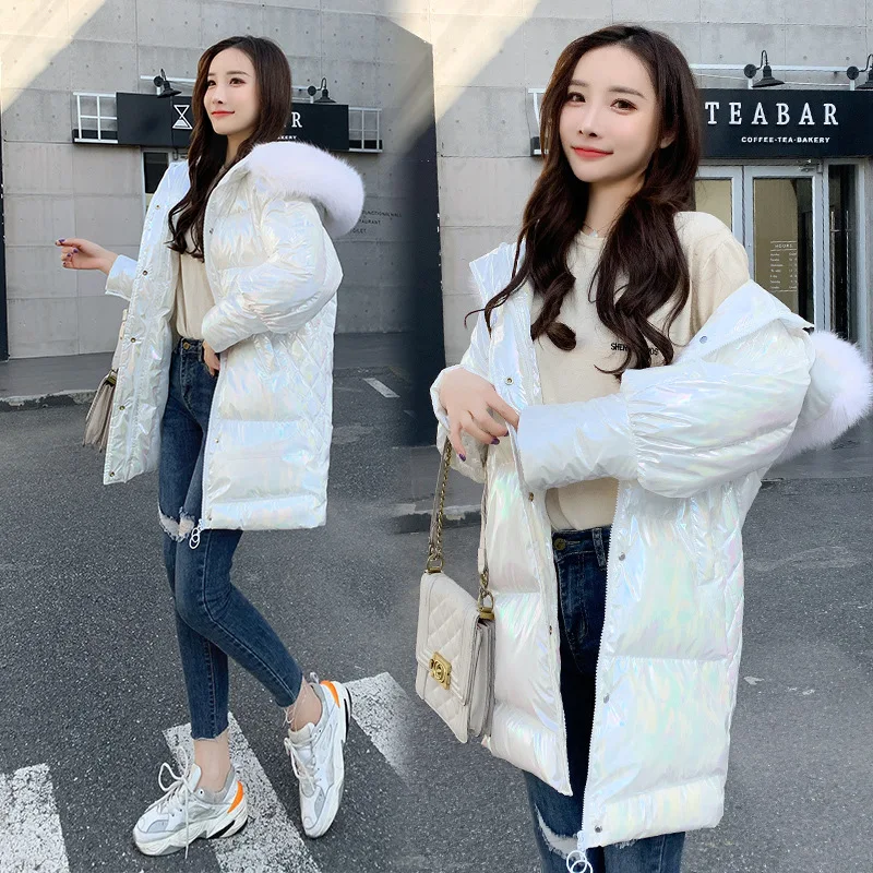 

Зимняя теплая длинная блестящая женская куртка с капюшоном и меховым воротником, толстая теплая хлопковая куртка, Свободный Подол, модное п...