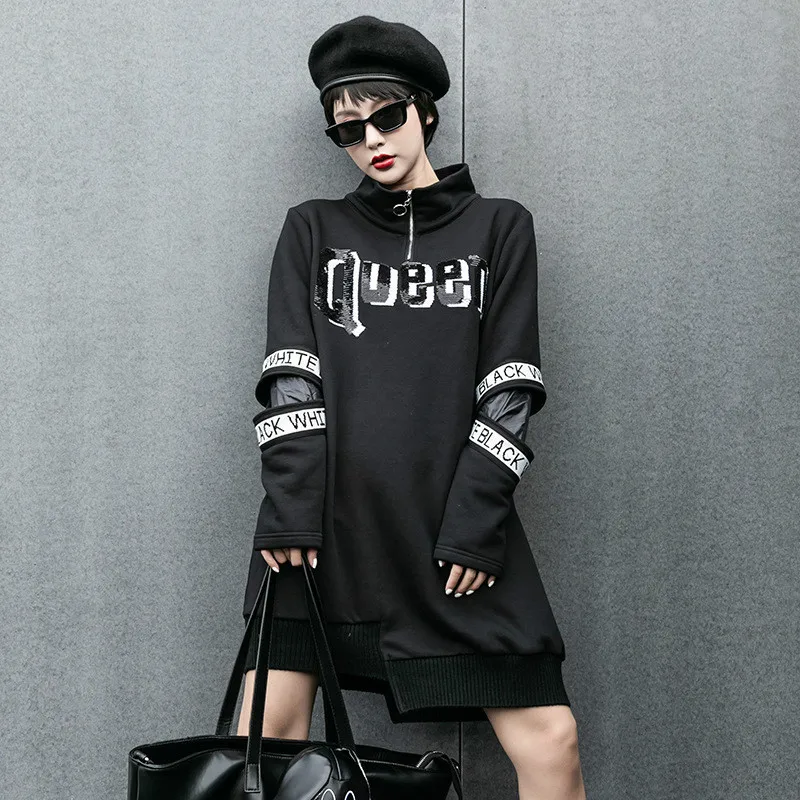 Max LuLu Korean Fashion Style Women Punk Sequins Dresses Ladies Loose Black Warm Winter Dress Casual Printed Turtleneck Vestidos | Женская