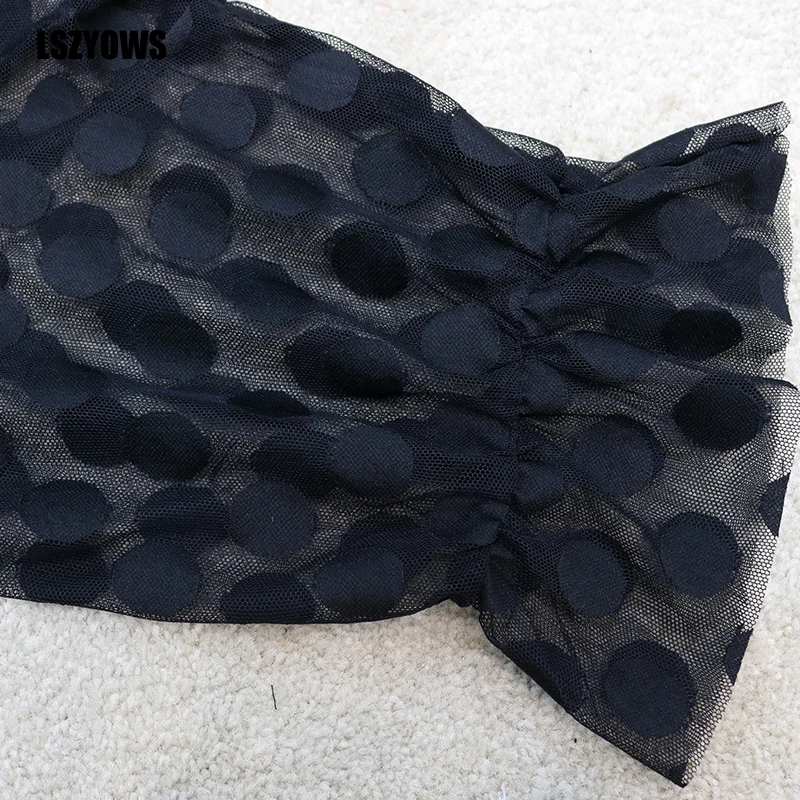 

2021 Mesh Polka Dot Midi Dress Women Plus Size Bow Tie Short Sleeve See Through Dress Summer Female Sexy Irregular Party Dresses