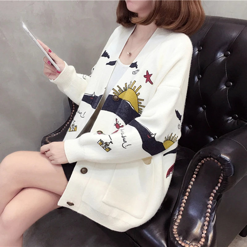 Женский свитер с длинным рукавом и милым принтом вязаный большого размера