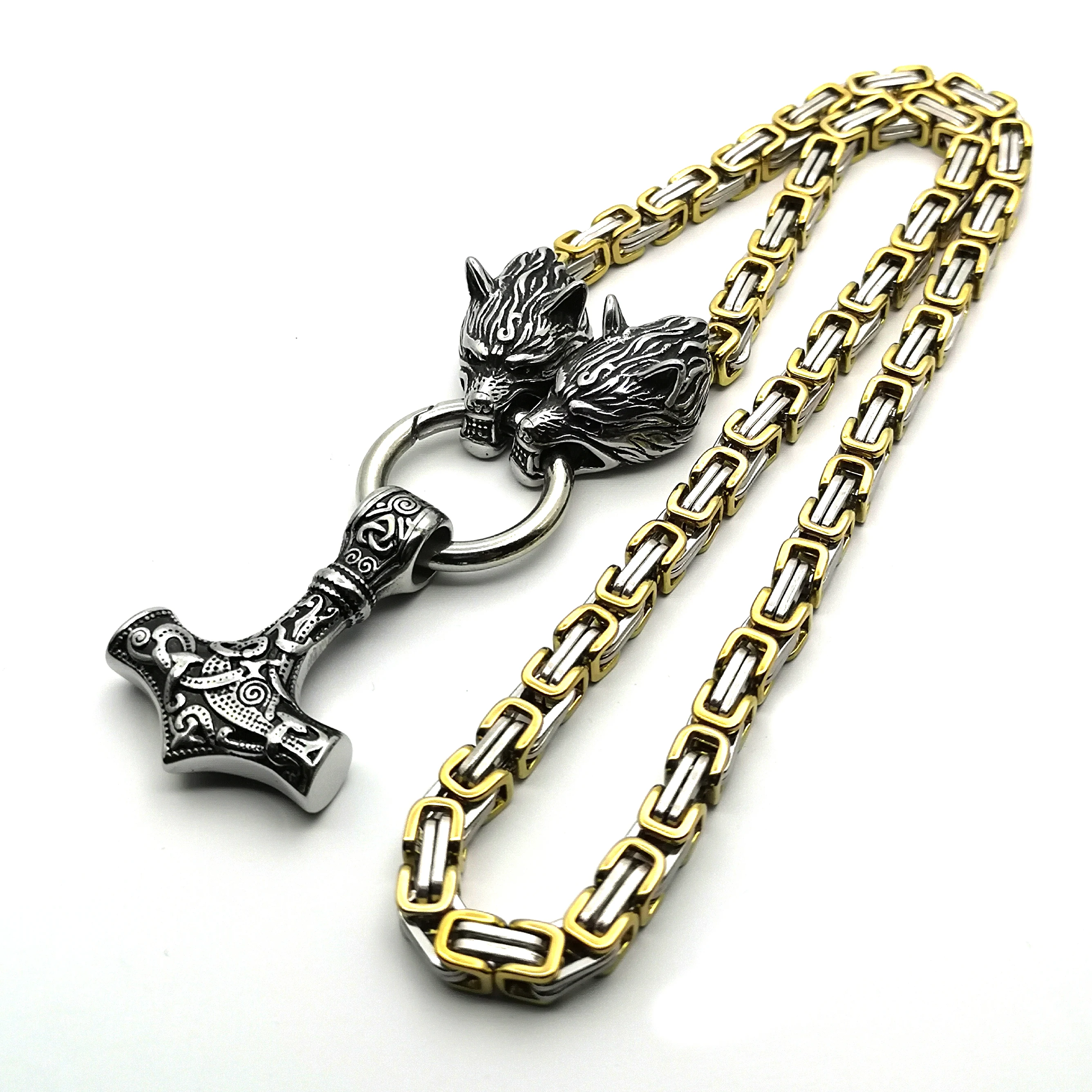 

Men stainless steel Wolf head norse viking amulet thor hammer pendant necklace viking king chain