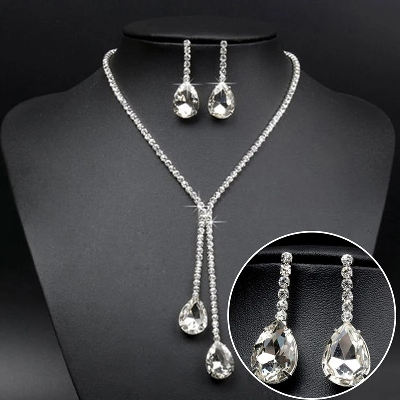 

1set New Fashion Jewelry Wedding Luxury Water Drop Crystal Rhinestone Necklace Earrings Jewelry Set For Woman