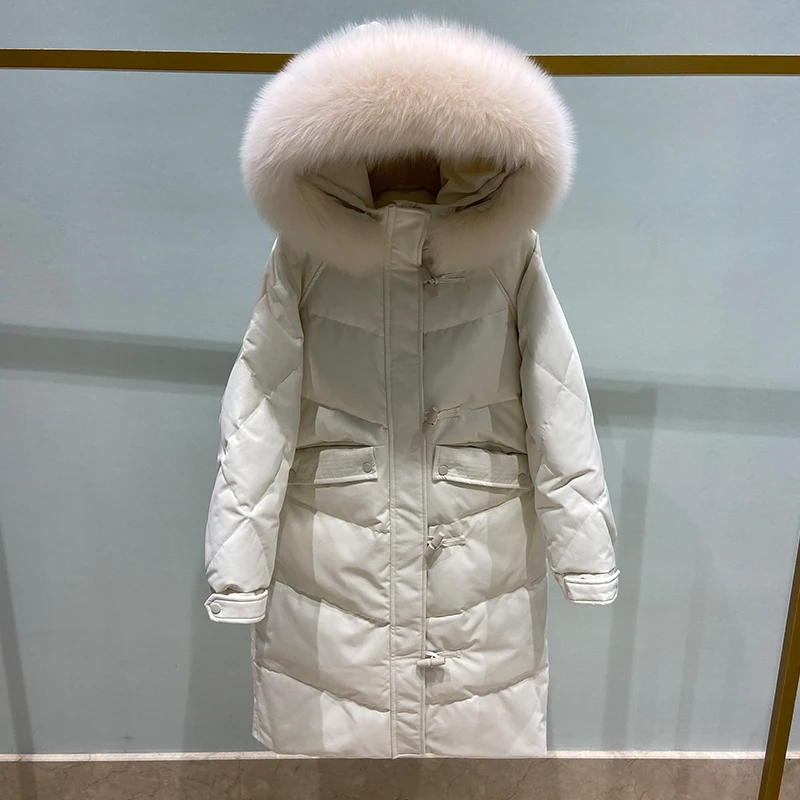 

Trendy New Winter Women Duck Down Parkas Medium Long 90% Down Puffer Overcoat Snow Outwear Real Fox Fur Hooded Ox Horn Buckle