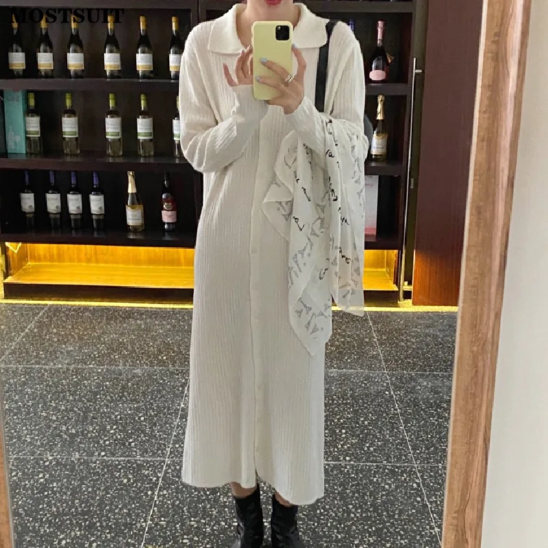 

Single-breasted Knitted Cardigan Dress Women Spring Autumn Full Sleeve Straight Long Dresses Vintage Elegant Solid Ladies Vestid