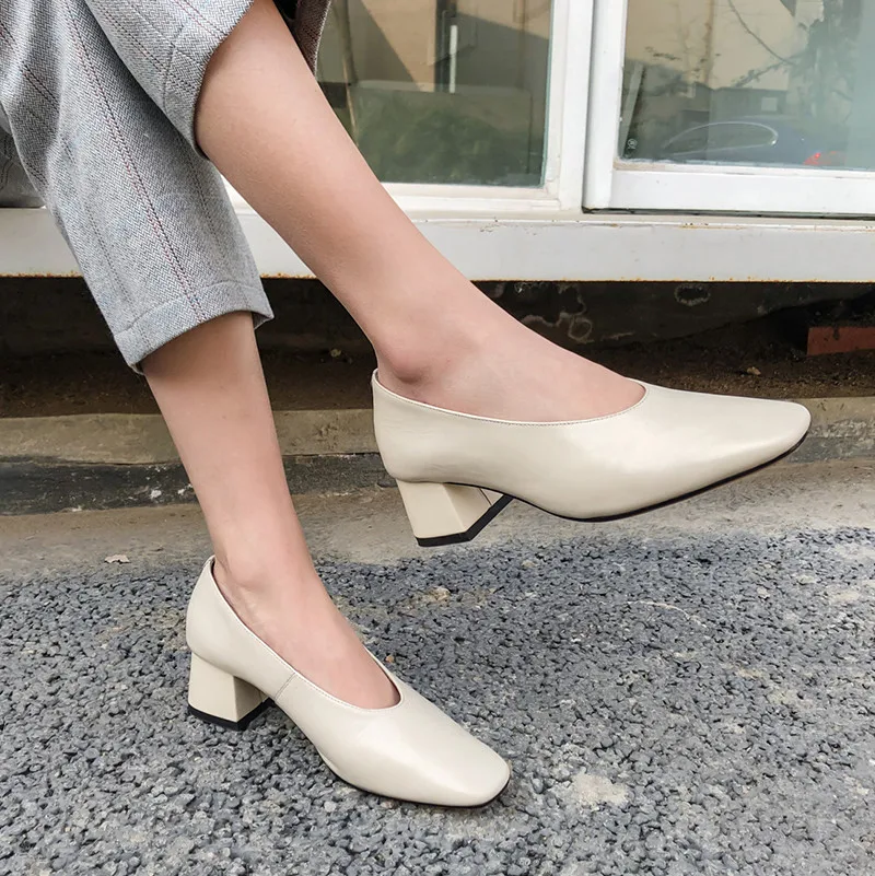 

ASUMER 2022 new arrival genuine leather shoes women pumps square toe solid colors single shoes spring summer dress shoes woman
