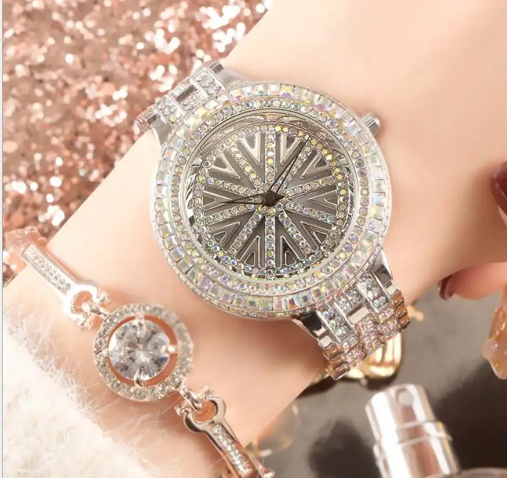 Silver white diamond Новинка, роскошные модные женские часы с вращающимся циферблатом, стразы, женские наручные часы с бриллиантами, женские часы - Цвет: Silver white diamond