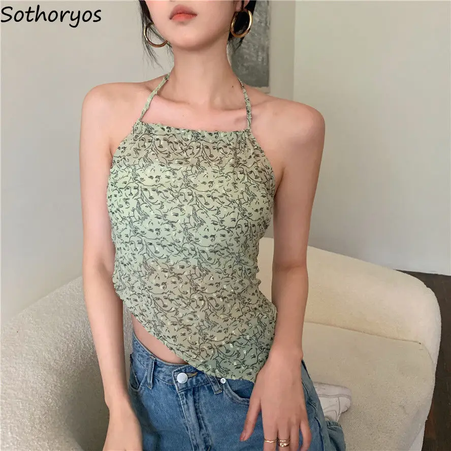 

Camisoles Women Sexy Retro Floral Printed Halter Bandage Backless Irregular Breathable Slim Elegant Chiffon Korean Style Sweet