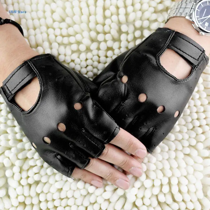 

Men Faux Leather Slip-Resistant Half Finger Fingerless Gloves Hand Wrist Mittens