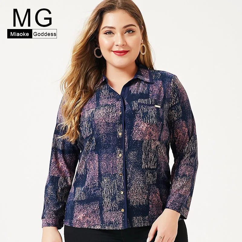 Плюс размер женской одежды 2019 Осень новый принт с длинным рукавом топы и блузки