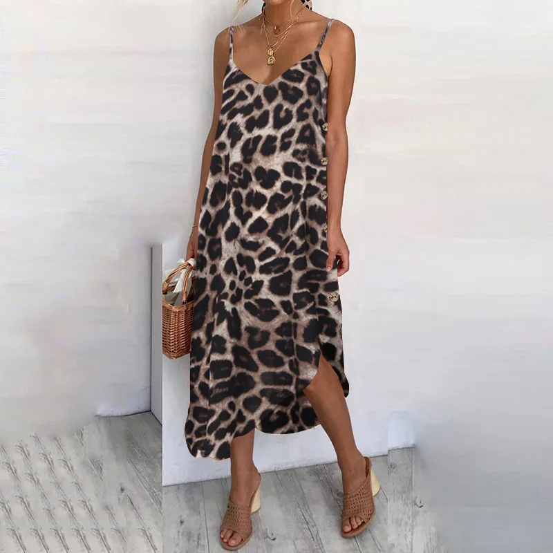 Leopard Print Khaki Женский сарафан, сексуальное летнее пляжное платье на бретельках,, повседневное свободное асимметричное платье на пуговицах размера плюс, Vestidos - Цвет: Leopard Print Khaki