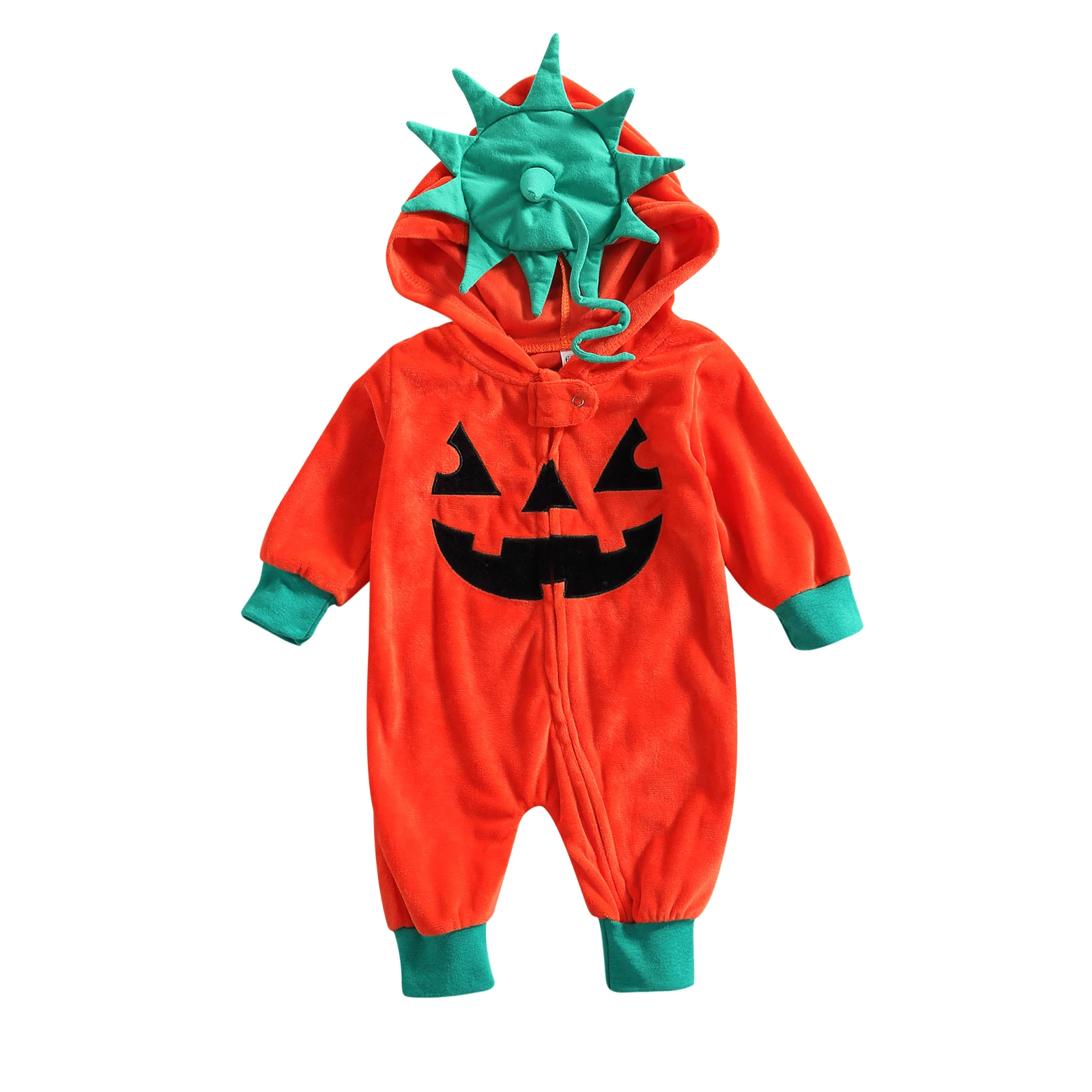 

Newborn Infant Baby Pumpkin Hooded Romper Long Sleeve Full Zip Jumpsuit Halloween Costume for 0-24Months