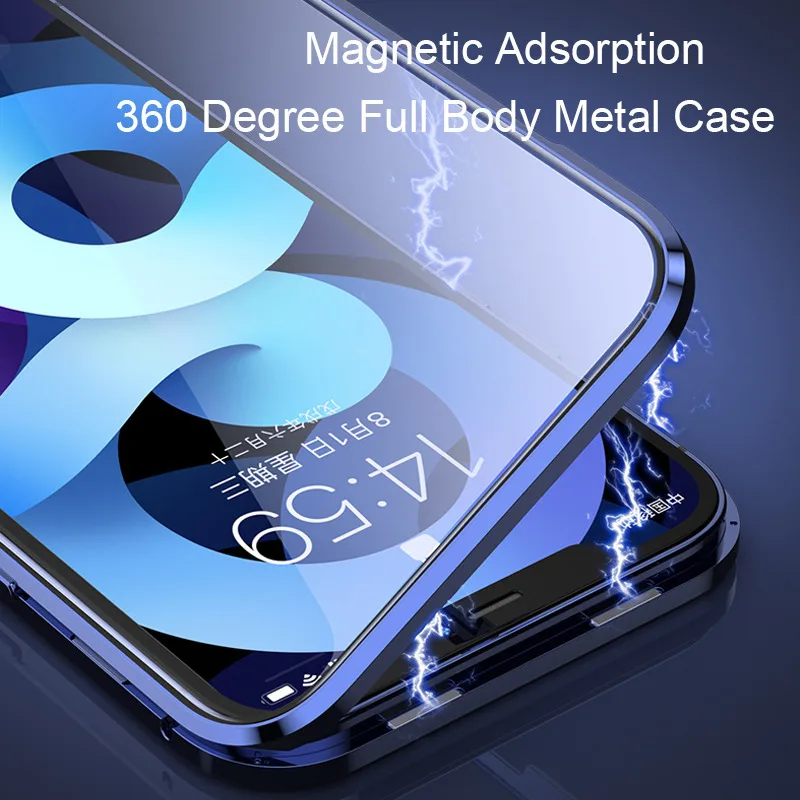 

360 Magnetic Adsorption Metal Case for IPhone 11 12 Pro 12 Mini XR X XS Max Double Sided Glass Cover Camera Lens Protector Film