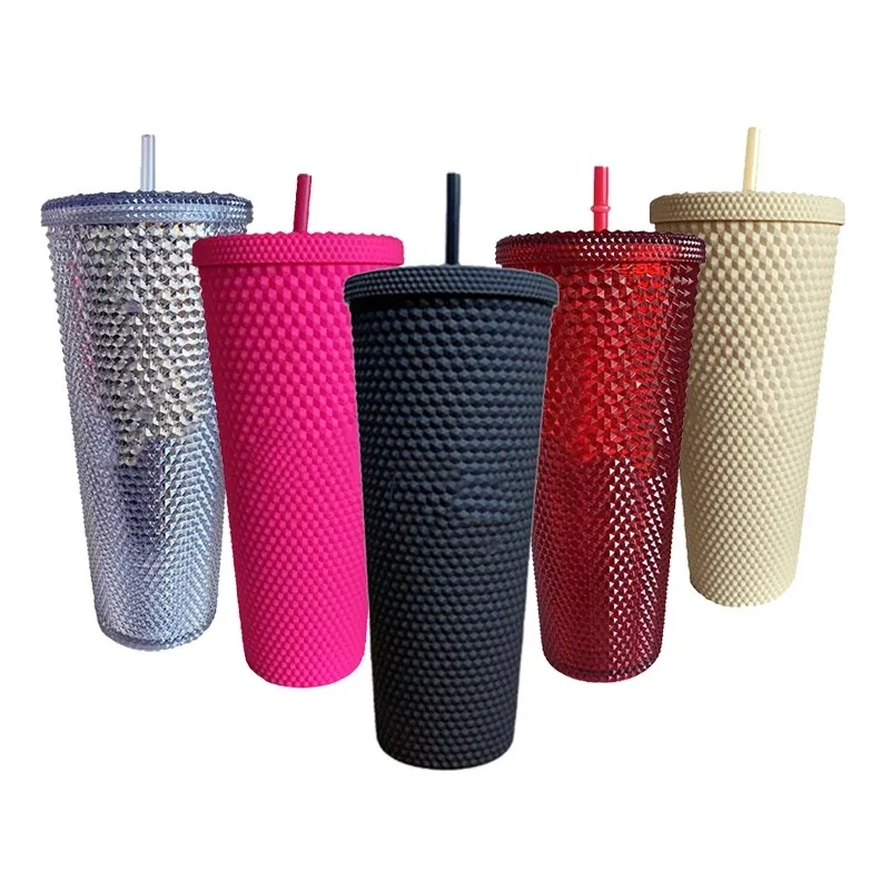 

710ml Diamond Light Durian Cup With Straws Double Layer Reusable Environmentally Friendly Plastic Simple And Fashionable Cup