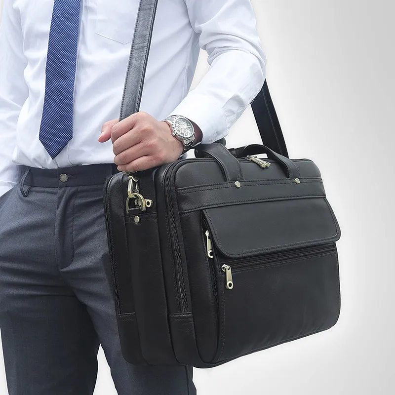 Мужской портфель из натуральной коровьей кожи классическая черная