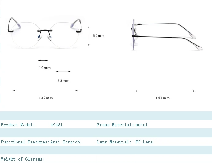 

49481 Rimless Metal Glasses Frame Men and Women Optical Fashion Computer Eyeglasses Trendy Flat Mirror