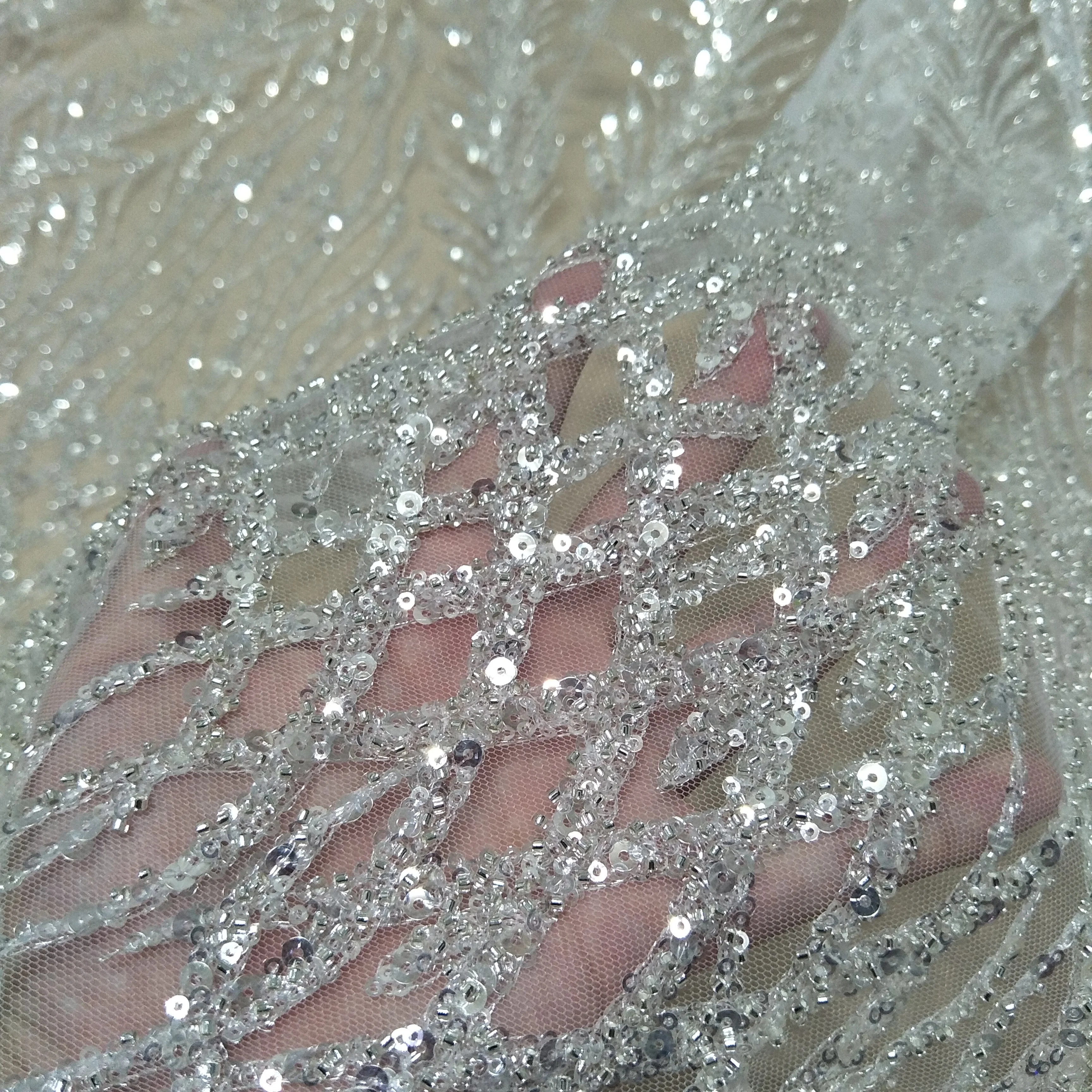 Новое поступление кружевная ткань для невесты с серебряными бусинами и