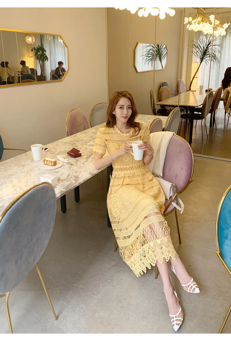 

Women Elegant Yellow Lace Dress Summer Style Short Sleeve Hollow Out Sexy Women Clothes Casual Female Party Midi Vintage Dress