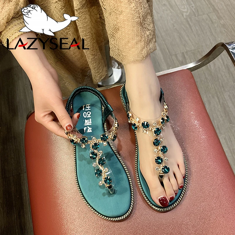 

Шлепанцы LazySeal женские с кристаллами, крутые сандалии на плоской подошве, пляжные тапочки, драгоценный камень, бисер, летние