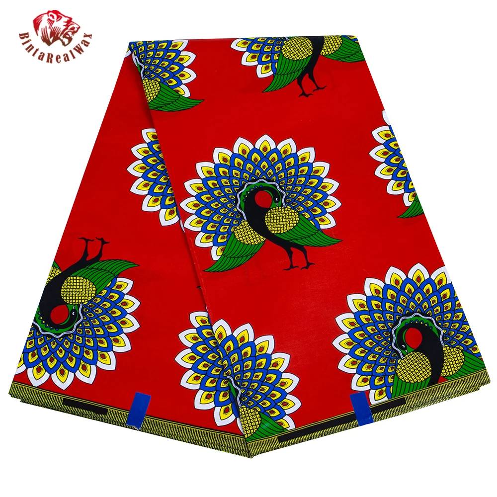 

BintaRealWax African Cotton Fabric Red Background Women Party Dress Sewing Material Peacock Flower 6 Yards/lot Cloth PL353