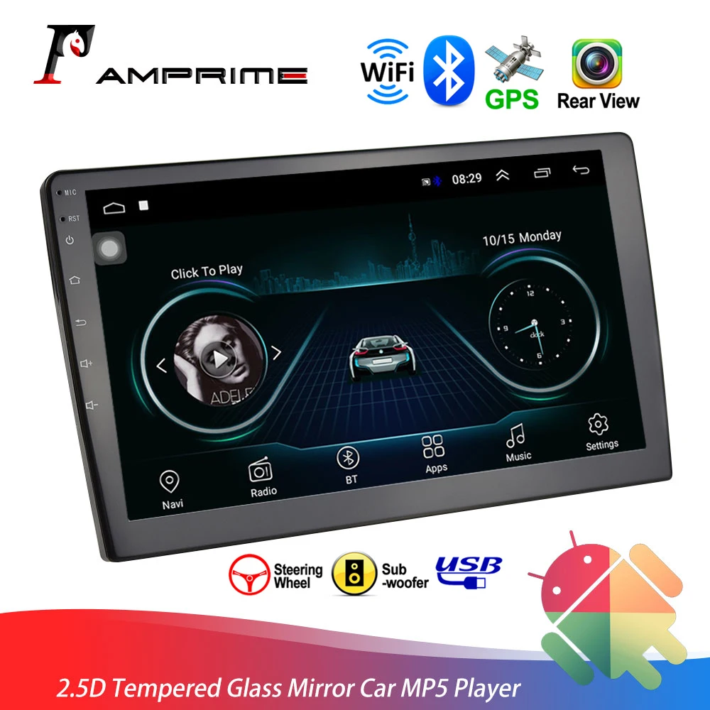 Автомобильное радио AMPrime 10 1 '' Android 2Din 2.5D закаленное стекло зеркальная связь GPS