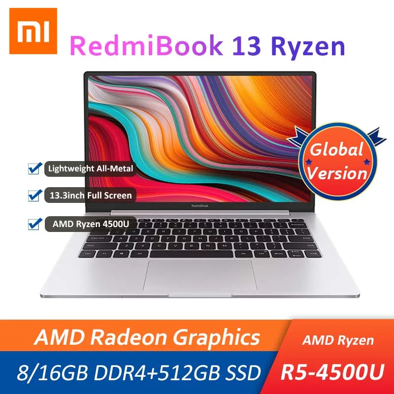 

Ноутбук Xiaomi Mi RedmiBook 13, Оригинальный ультратонкий ноутбук AMD Ryzen 5 4500U 8 ГБ/16 ГБ DDR4 + 512 ГБ SSD 13,3 дюйма, Win10, компьютер, ПК