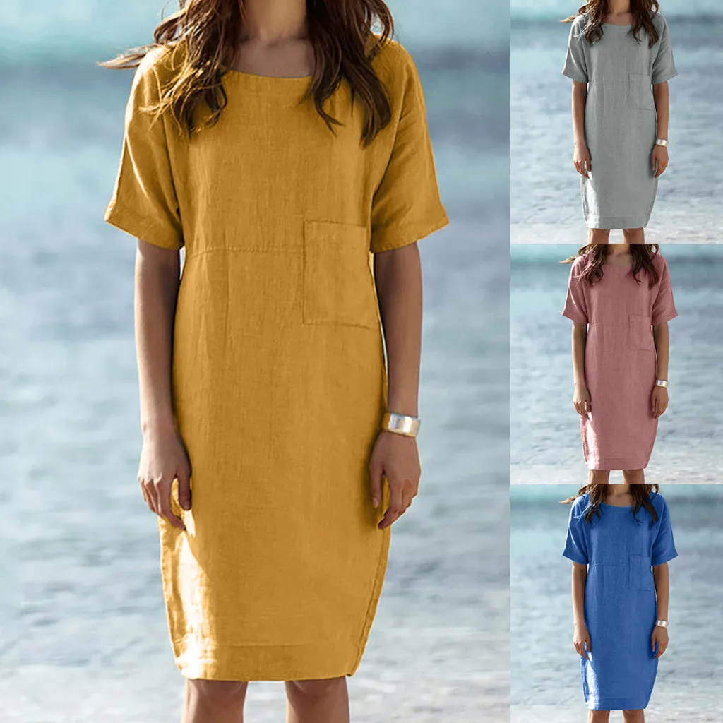 

Womens Summer Short Sleeve Linen Dress Loose A-line Party Sundress Pocket Dress