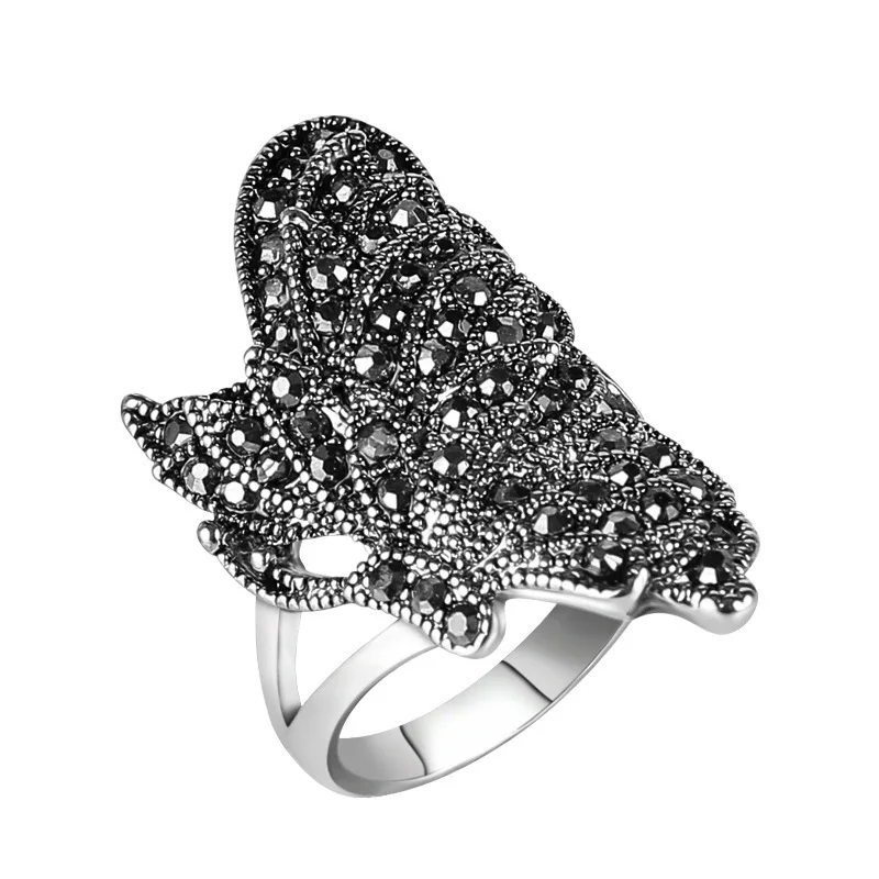 

Creative Gothic Delicate Black Butterfly Silver Plated Obsidian Rings For Women Upscale Exquisite Obsidian Butterfly Rings