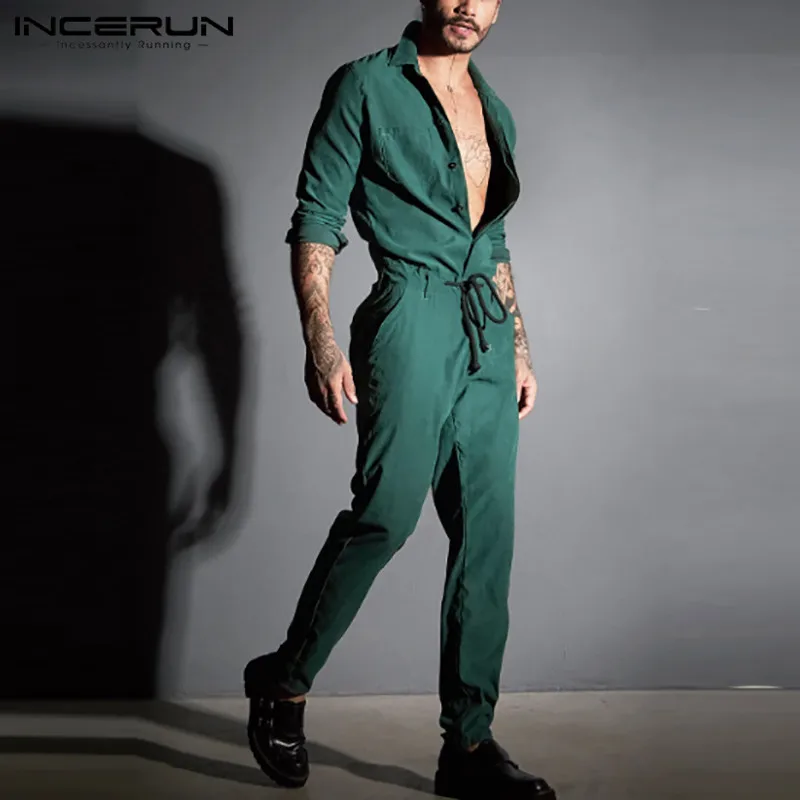 

Fashion Long Sleeve Lapel Rompers INCERUN Men Solid Color Jumpsuits Mens Buttons Drawstring Bib Pants Leisure Pockets Suspenders