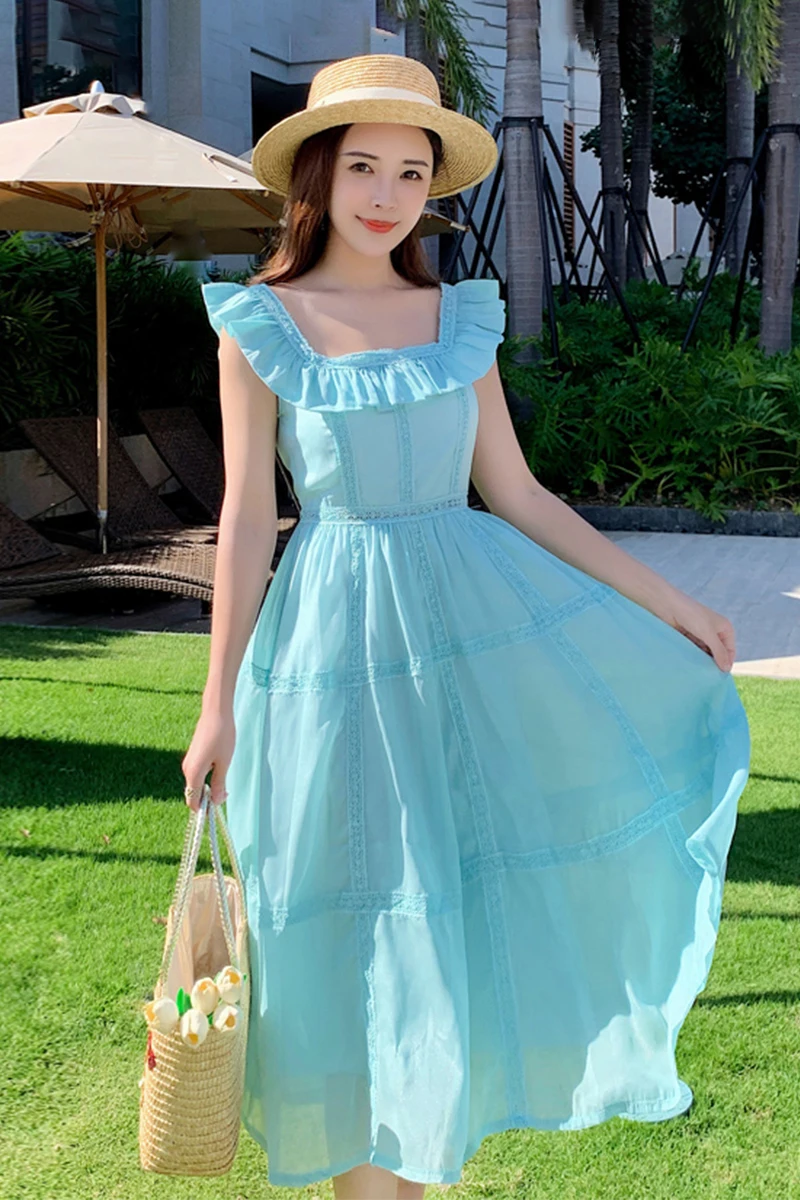 

Elegant Retro Long Dress Women's Flying Sleeve Holiday Beach Dress Female 2021 Summer High Waist Square Collar Chiffon Dress