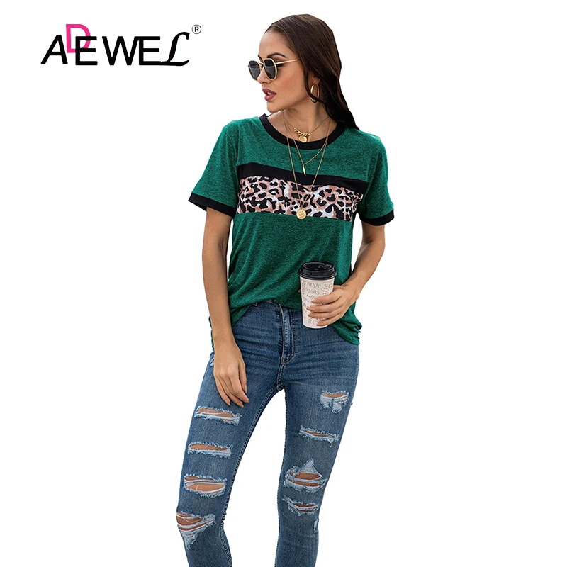 

ADEWEL Harajuku Black Leopard Splicing Mujer Camisetas Woman Tshirts Round Neck Roupas Femininas Top Vetement Femme Clothes 2XL