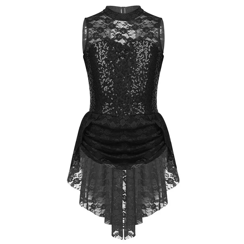 Платье для фигурного катания на коньках без рукавов с блестками и цветочным