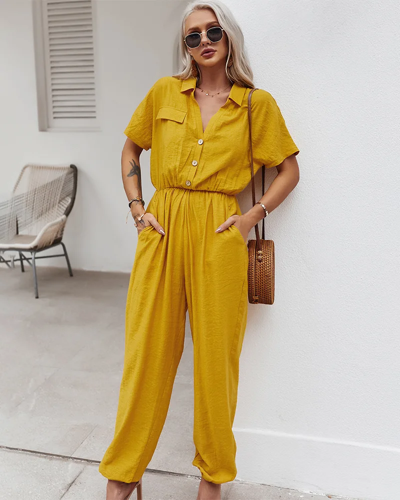 Women Playsuit 2021 Fashion Lapel Jumpsuits Casual Solid Pockets Rompers Short Sleeve Belted Buttons Trousers Playsuits Mujer