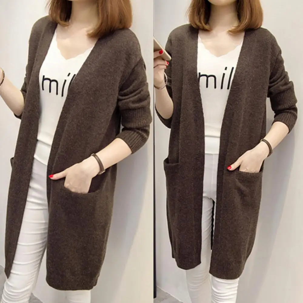 Женский кардиган с длинными рукавами и карманами осенне-зимний плотный вязаный