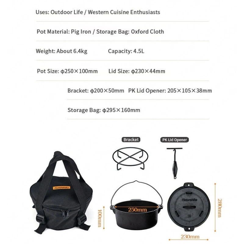 

Naturehike 25CM Dutch Pot Outdoors Camping Cast Iron Pot Portable Multi-function Hanging Pot Stew Wok Pot Frying Pan BBQ Picnic