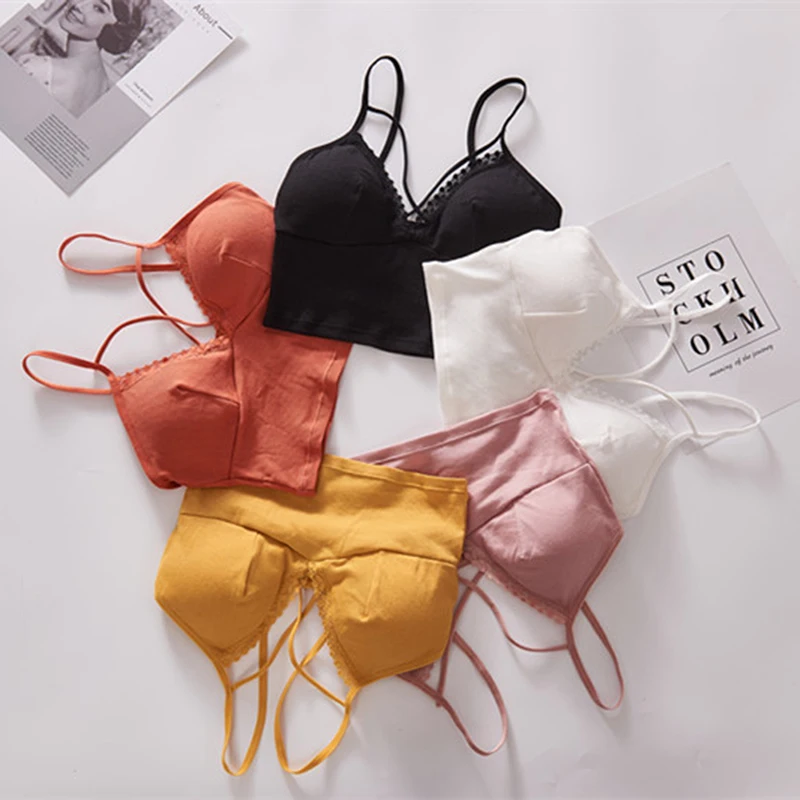 

Wire Free Cozy Cotton Push Up Bra French Lingerie Triangle Cup Padded Strappy Bralette Seamless Women's Sexy Bras BH Underwear