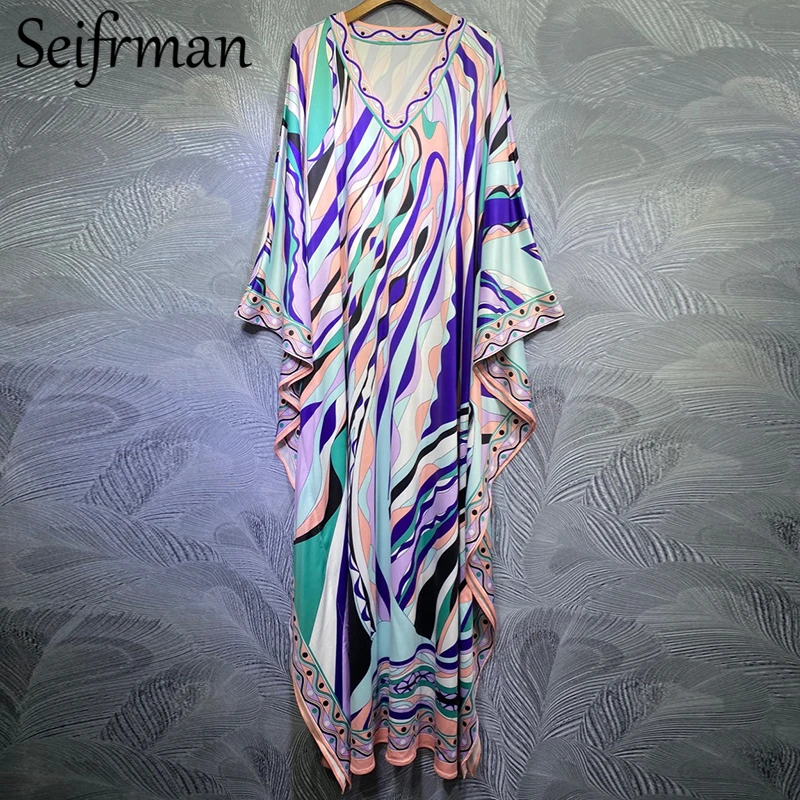 

Женское длинное платье в стиле бохо Seifrmann, подиумное свободное платье с рукавом летучая мышь, геометрическим принтом, для отдыха, лето 2021