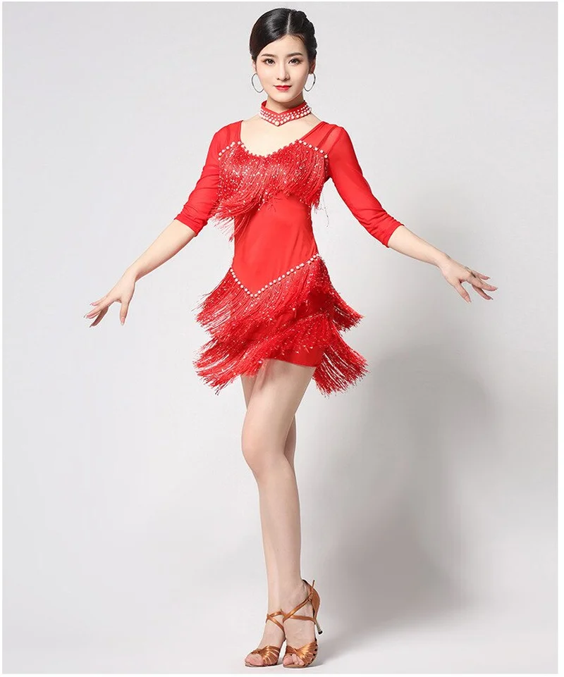 

2021 New Latin Dance Dress Girls Kids Women Ballroom Sequins Tassel Fringe Salsa Tango Dance Wear Performance Stage Wear